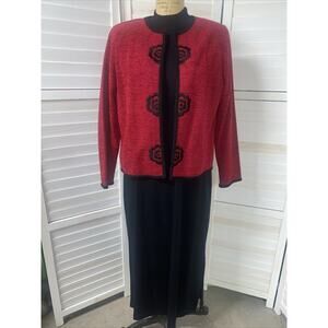 80s 90s Koret 2 Piece Maxi Dress & Jacket Knit Set Black Red Size Medium